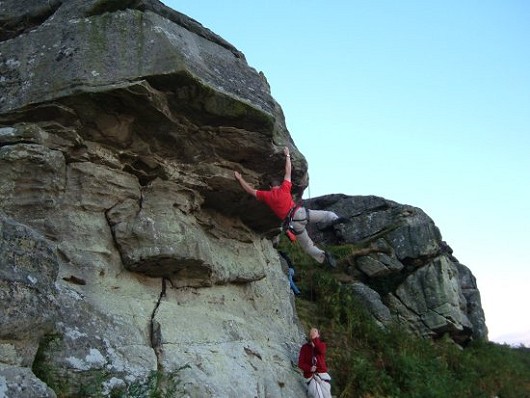 Fall imminent! Guru on Jane Lies Agape (E3 5c) at Rothley Crag  © Murph