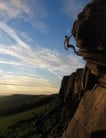 Sunset solo of Flying Buttress Direct (E1 5b), Stanage, Peak District