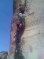Graeme trying is luck on The Overhanging Crack (E2 5c) at Bowden Doors