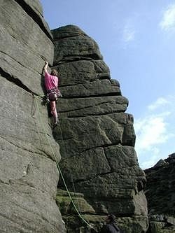 John Cox on Slap n Spittle (E4 6a) Marble Wall, Stanage