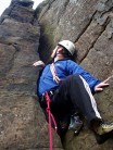 Preparing to get squeezed on Alcove Chimney (VS 4b), Barker's Crags, Scugdale