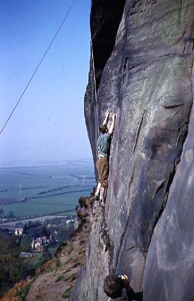 Jim O'Neill low on the first (top-roped) ascent of The Beatnik (6a), Helsby, Cheshire  © Ken Prandy