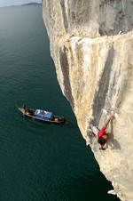 David Lama making the akward dyno on the route in Thailand - First Ascent DVD.