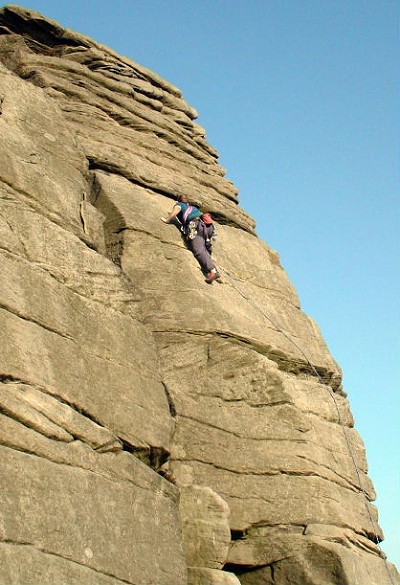 High Neb Buttress (VS 4c): Malcolm Watson takes the test of faith at Stanage High Neb  © CH