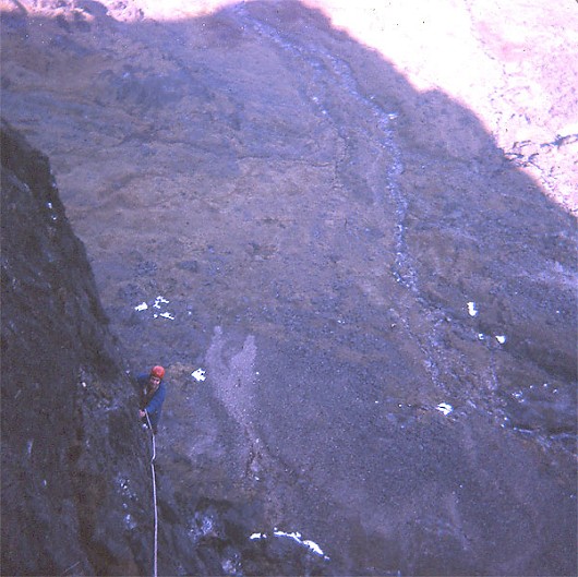 John completing the very exposed fourth pitch of Main Wall, Cyrn Las, 1969  © Gordon Stainforth