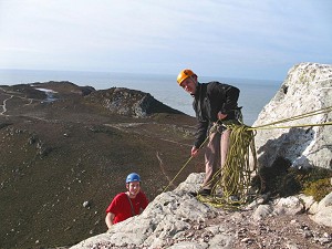 Craig & Jimbo on SPA assessment @ Holyhead Mountain - is the belay set up in line with the pull? ;o)  © David Hooper