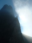 mist clearing at foot of space boyz, potrero chico, mexico