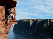 Paul on crux pitch, Old Man of Hoy