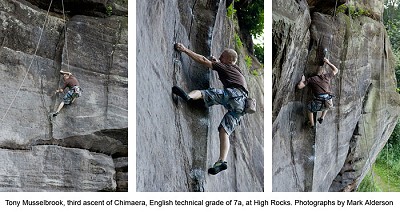 Tony Musselbrook, third ascent of Chimaera, English technical grade of 7a, at High Rocks.  © Mark Alderson