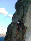 me leading up 'Direttissima' on Mt. Yamnuska, Alberta, Canada