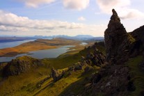 Looking out from the Old Man of Storr towards Loch Leathan Cuillins on the Horizon