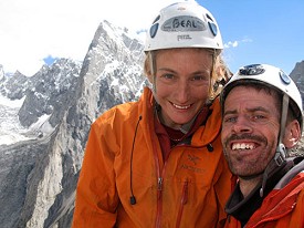 Anne & John on the summit of Zang Brakk after their new route success, with Shingu Charpa behind  © John Arran/www.thefreeclimber.com