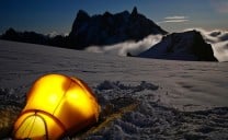 Camping below the Midi. The silhouette of the Grandes Jorasses in front