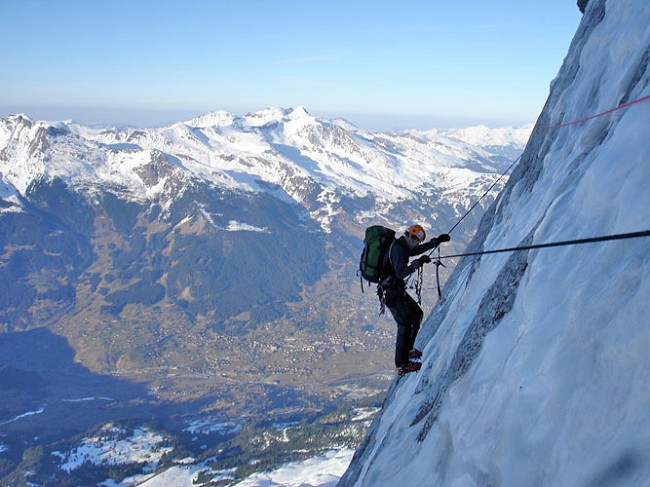Sir Ranulph FIennes being guided by Kenton Cool on the Hinterstoisser Traverse, North Face of the Eiger  © Dream Guides