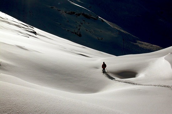 Ski touring, late afternoon, near Melchsee, Switzerland.
Are you sure that's the way down?  © Mike Meysner