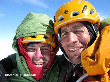 Colin Haley and Rolando Garibott on the summit of Cerro Torre.