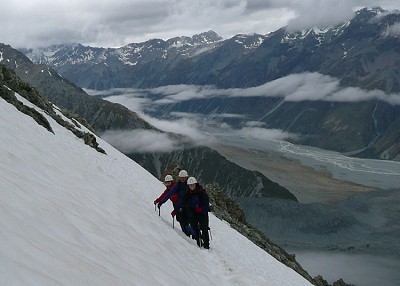 Approaching Bull Pass, on Mount Cook ,
Tasmin and Merchant Glaciers in the background  © Martin Morgan