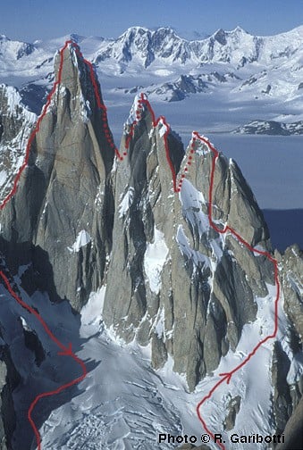 The line of the traverse - Aguja Standhart, Punta Herron, Torre Egger, Cerro Torre