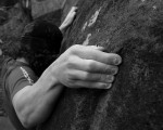 Duncan Kaye crimping hard on an unknown V2, Caley Adrenaline Rush Boulders