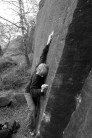 Will Hunt on a thin slab next to Syrret's Saunter, Caley Adrenaline Rush Boulders