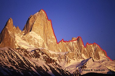 The Traverse: r. to l. Aguja Guillaumet, Aguja Mermoz, Aguja Val Biois, Cerro Fitz Roy, and Aguja Poincenot.