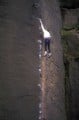 Nigel Prestidge jumps for the good hold at the top of Master's Edge, Millstone, on the fourth or fifth (?) ascent<br>© S11