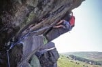 Pete Robins climbing Ceiling Crack (E2 5c) at Widdop