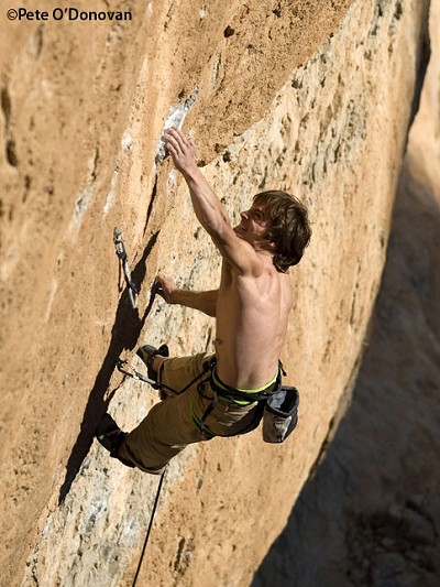 Edu Marin on the fiercely fingery crux moves of Pati-noso (8c/8c+) at Siurana, during the second ascent.  © Pete O'Donovan
