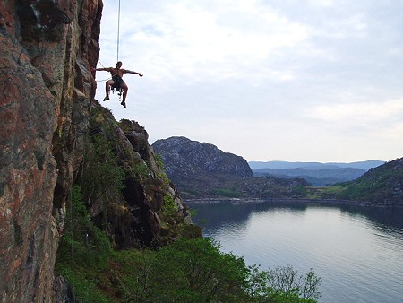 This had been a desperate battle, but effort in = fun out. The author lowering off Diabaig. © Dark Mavis   © Fiend