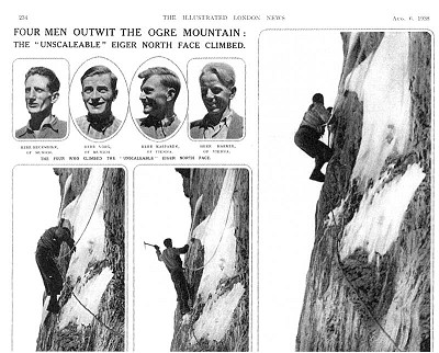 The London Illustrated News (6th August 1938) published three photographs of Fritz Kasparek on the Hinterstoißer traverse  © AS Verlag, Zürich
