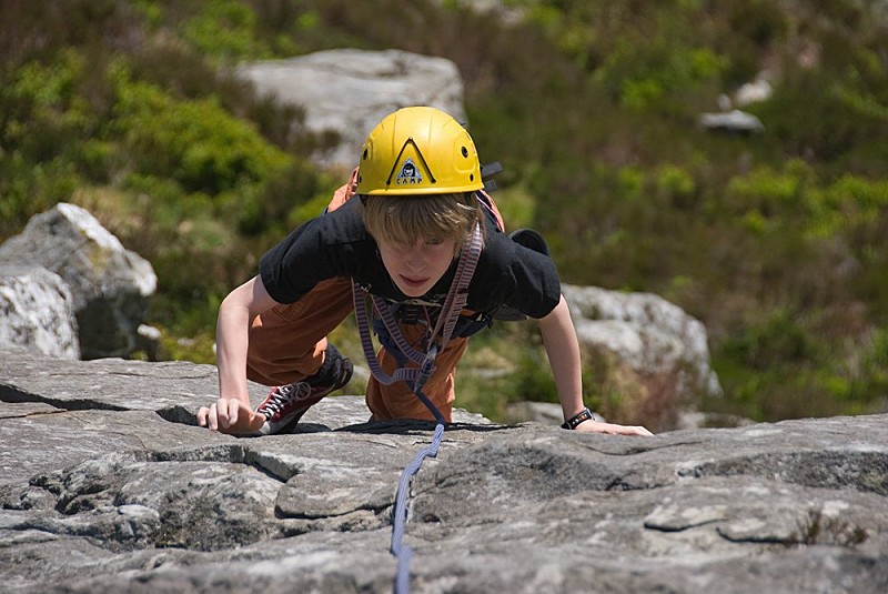 Sam James (11) tackling his first multi-pitch route - Left Edge (VDiff) on Carnedd y Filiast.  © Alan James - Rockfax