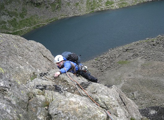 Jono nearing the end of Pitch 4 of Murray's Route, Dow Crag.  © Jack Colbeck