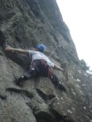 Me pulling "the starfish" move after the flake halfway up Kransic Crack.