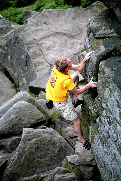 Route no.430 after 14 hrs of climbing: Pete Whittaker soloing Mantelpiece Buttress Direct (HVS 5b) at Stanage Popular  © Nick Smith