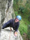 Harry Smith on the ramp pitch of Overhanging Bastion showing how it should be enjoyed on your 80th birthday.