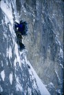 Roger Mear on the Hinterstoisser Traverse during a winter ascent of the Eiger North Face, February 1980.