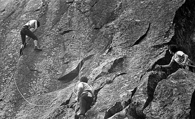 John Redhead attempts Strawberries, Vector Buttress, Tremadog, April 1980, watched by first-ascentionist Ron Fawcett.  © Steve Ashton