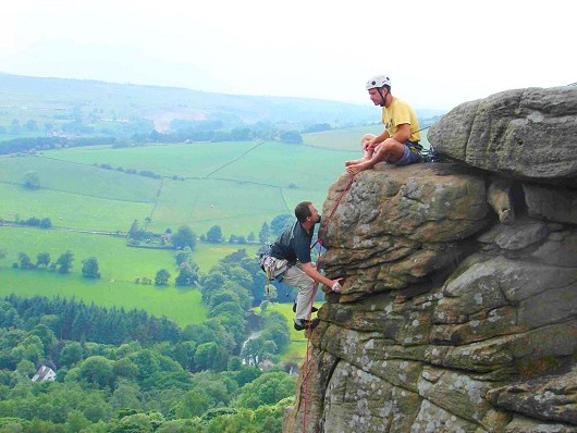 Topping out on Chequers Buttress. What a way finnish on a brilliant weekend in the Peaks.  © Albie