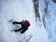 Awesome exposure on the icy headwall, north face of les Droites.